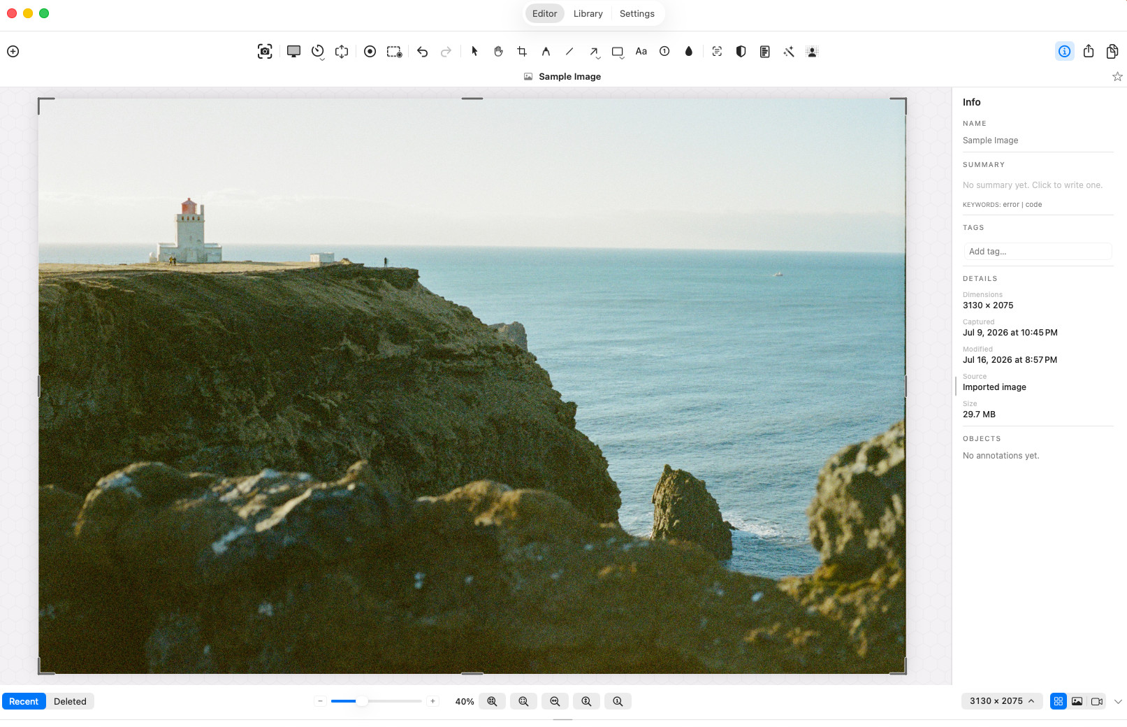 A capture open in the Sealshot editor