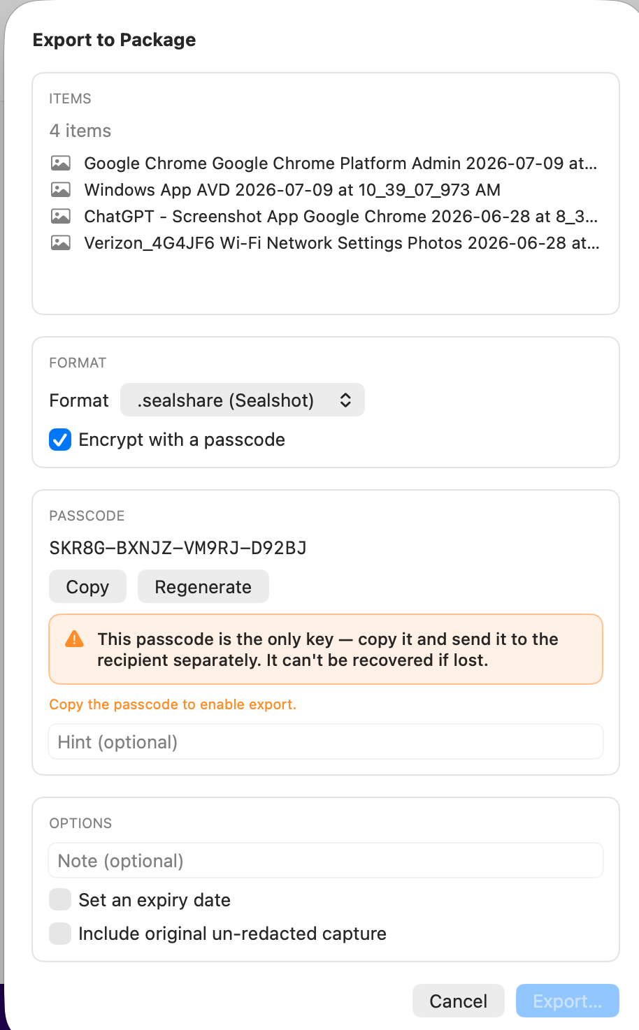 The Export to Package dialog