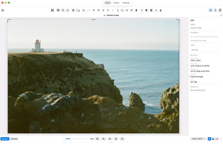The Sealshot editor with a capture open: annotation toolbar, canvas, and Info panel