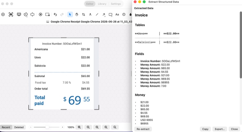 Extract Structured Data pulling an invoice table out of a screenshot
