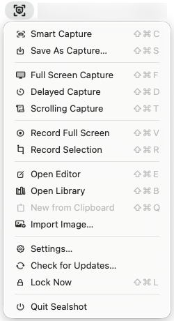 The Sealshot menu-bar icon and menu