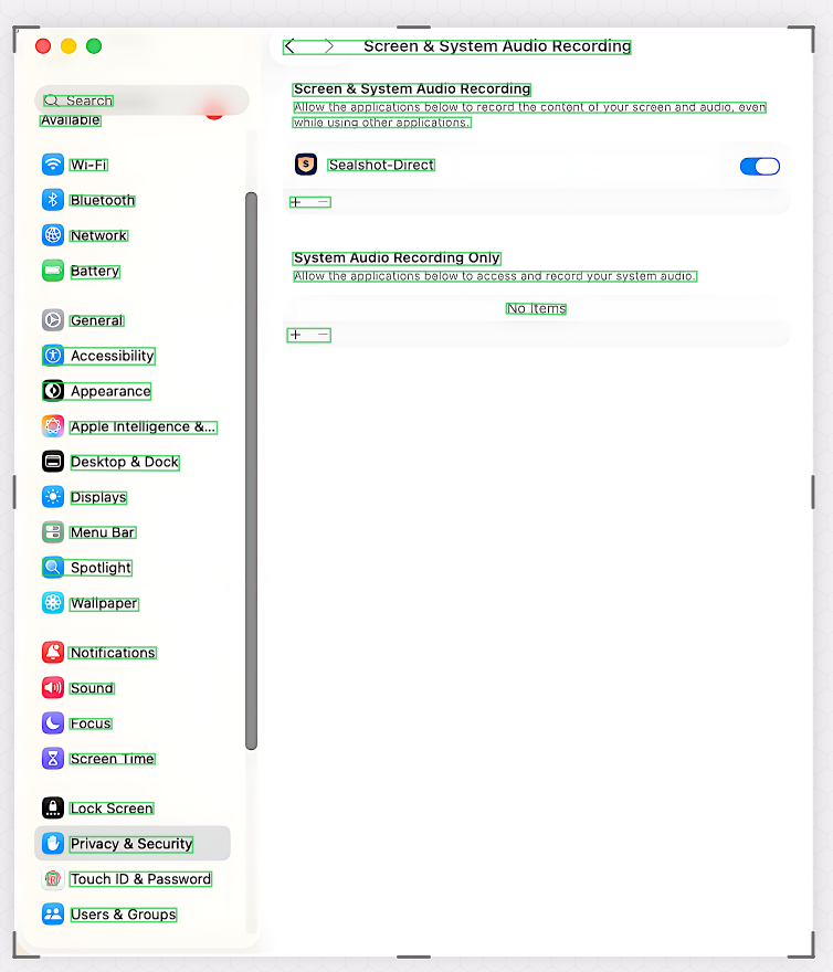 Selecting recognized text inside a screenshot