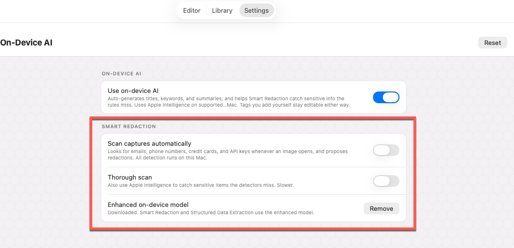 The Smart Redaction settings